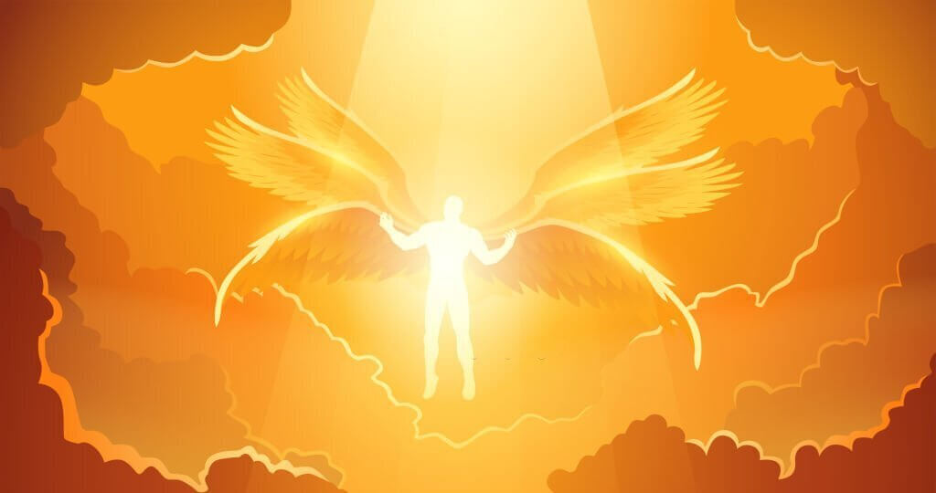 Fantasy art illustration of bright light Archangel with six wings in the open sky 