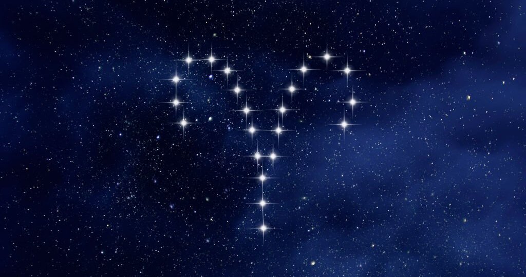 Aries constellation in night starry sky, Aries zodiac symbol by stars