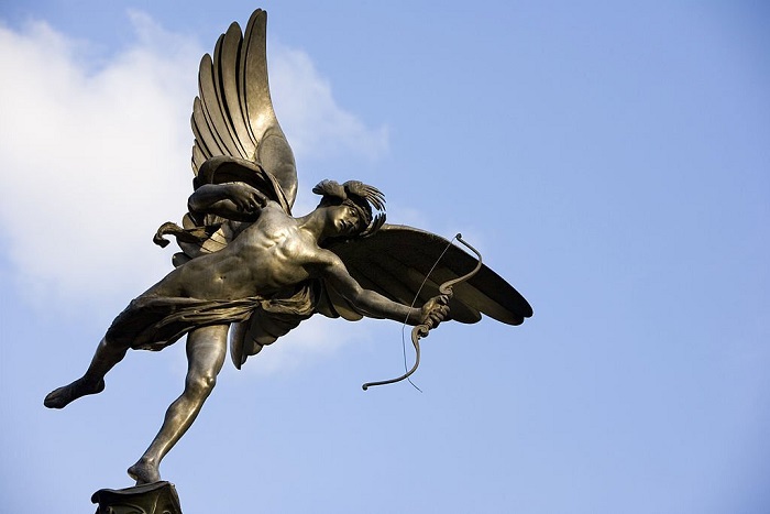 The statue of Eros basking in the late afternoon sun in London's Piccadilly Circus.